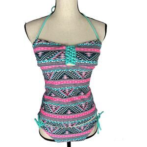 Island Soul Halter Tankini Swimsuit Pink & Black Ikat Stripe Strapless Bikini Sm
